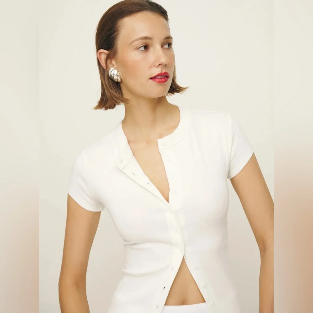 Reformation Raelynn ribbed button down tee in white bleach